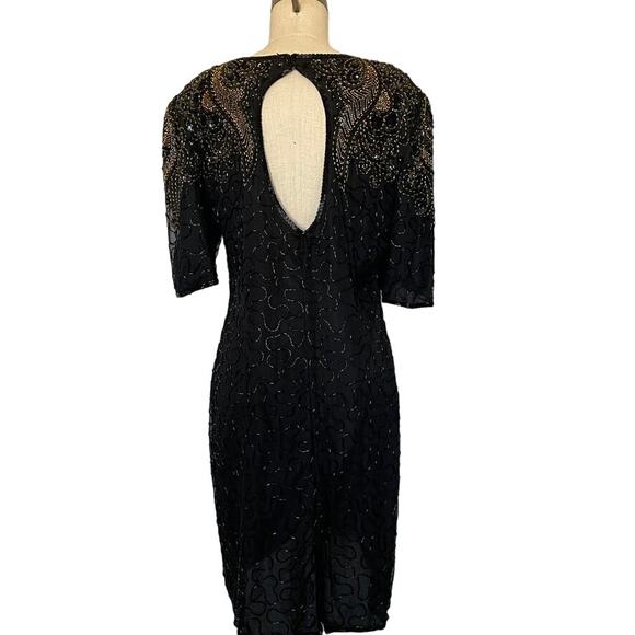 Vintage Black Gold Beaded Open Back Dress - Picture 3 of 10